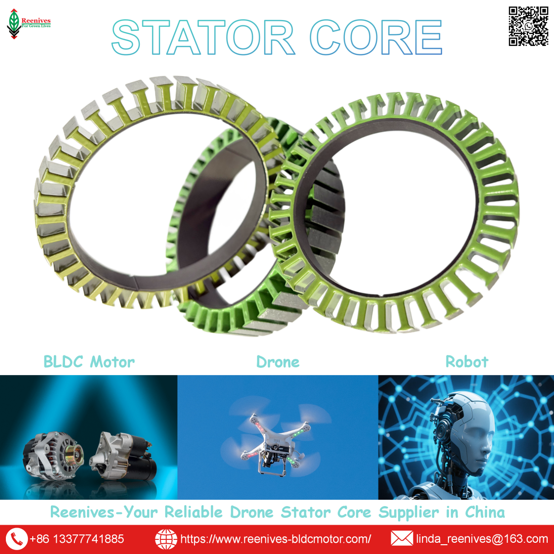 High-power 20kW BLDC stator laminations. 0.27mm ultra-low loss. Liquid cooling compatible. Factory direct. Reenives.